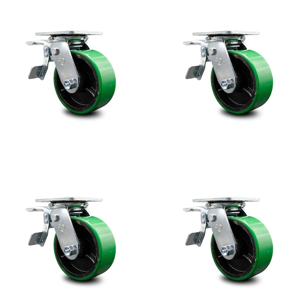 5 Inch Green Poly on Steel Caster Set with Roller Bearing and Total Lock Brake